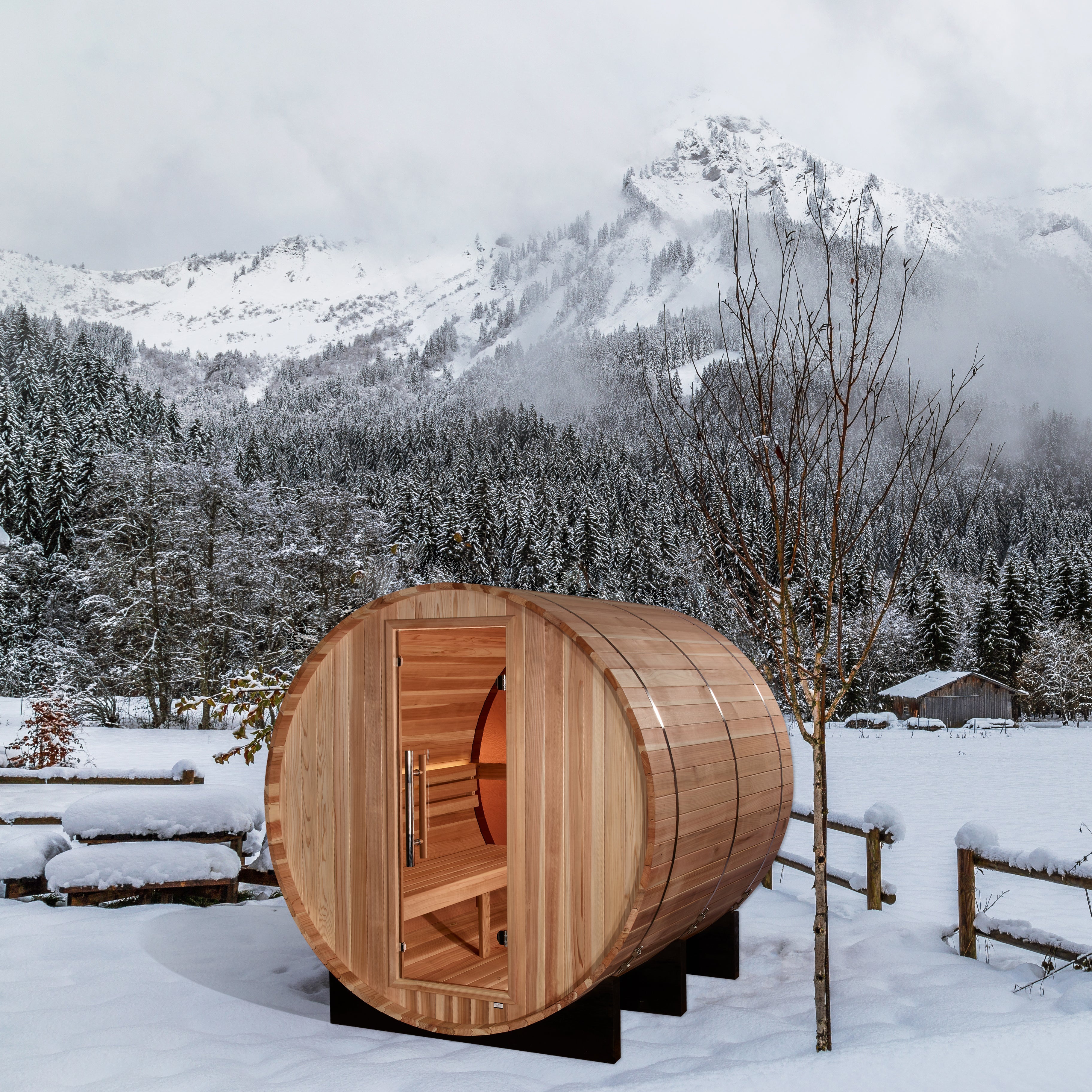 Golden Designs Zurich 4-Person Barrel with Bronze Privacy View Traditional Sauna