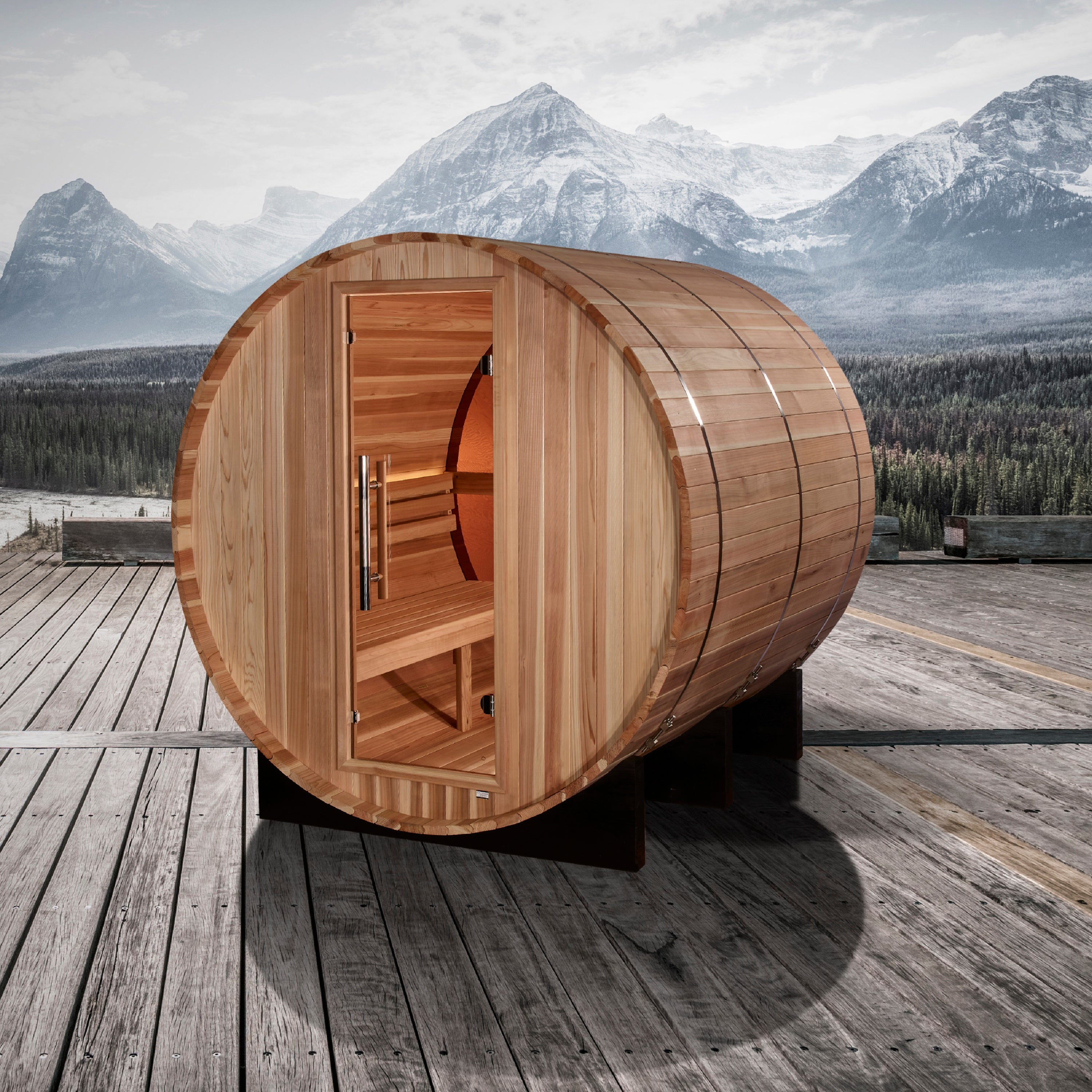 Golden Designs Zurich 4-Person Barrel with Bronze Privacy View Traditional Sauna