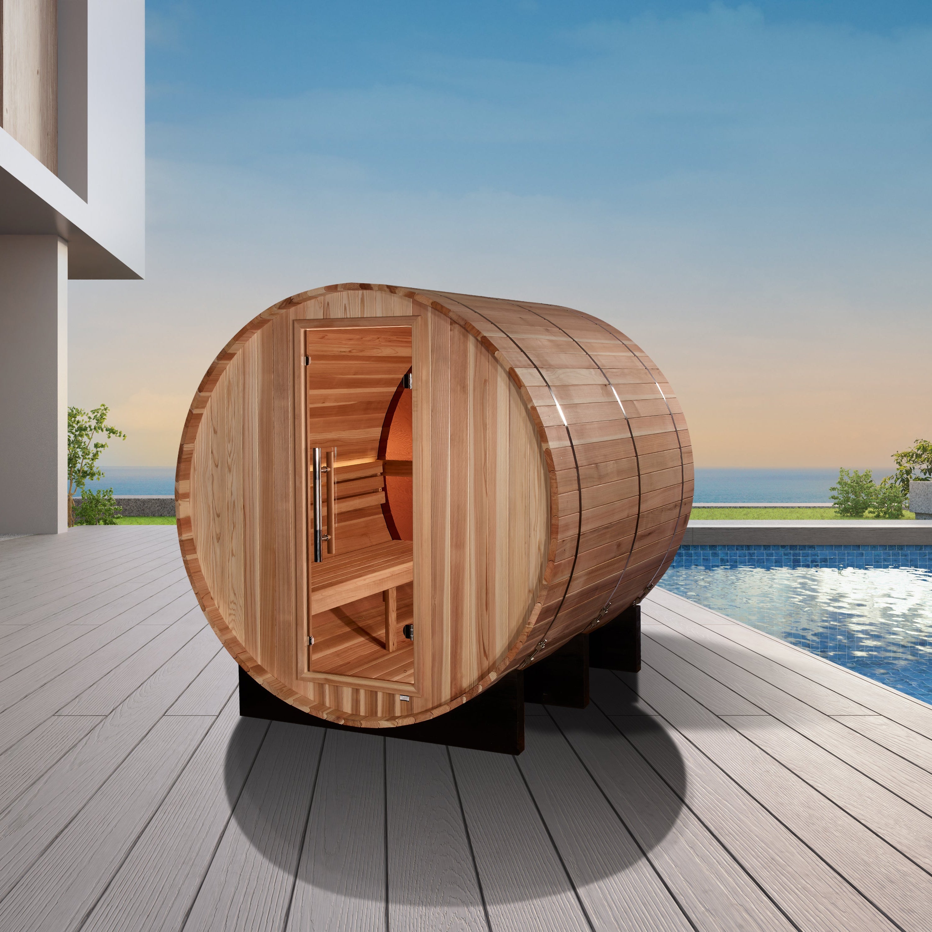 Golden Designs Zurich 4-Person Barrel with Bronze Privacy View Traditional Sauna
