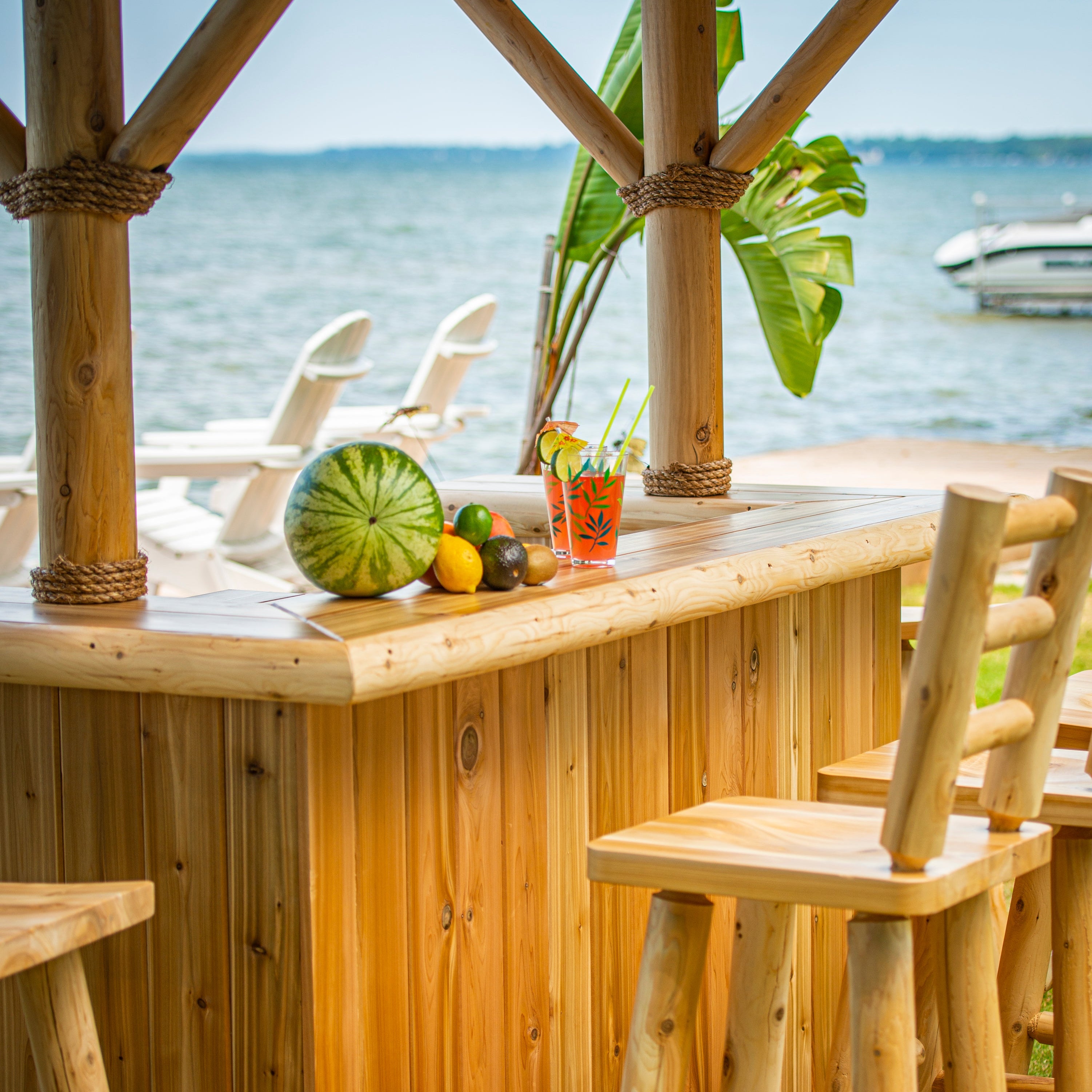 Leisurecraft Tropical Paradise Tiki Bar with Cabinet and Fridge Opening